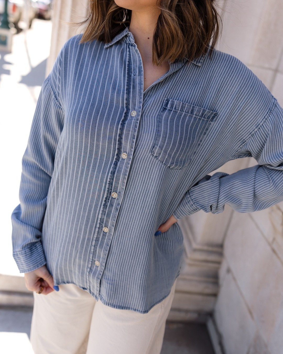Chambray Shirt with White Pant