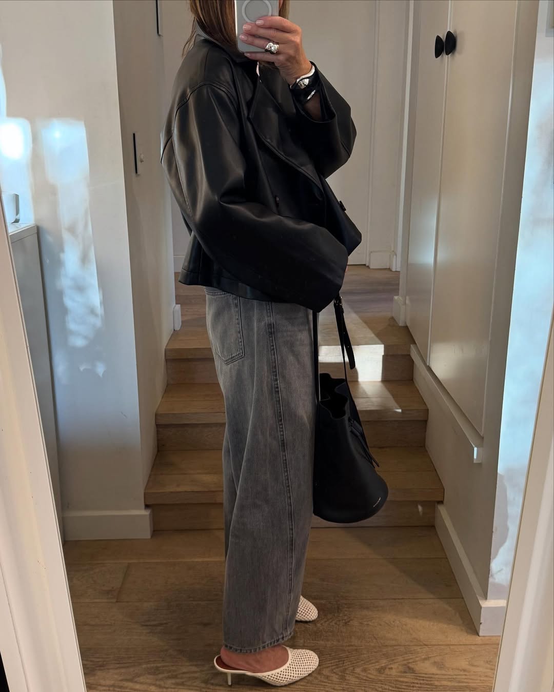 Leather Jacket + Gray Tee + Jeans